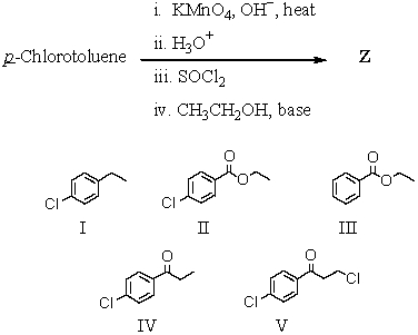 <strong>The product,Z,of the following sequence of reactions is which compound? </strong> A)I B)II C)III D)IV E)V