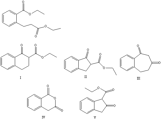 <strong>What is the product of the Dieckmann condensation of this diester, </strong> A)I B)II C)III D)IV E)V