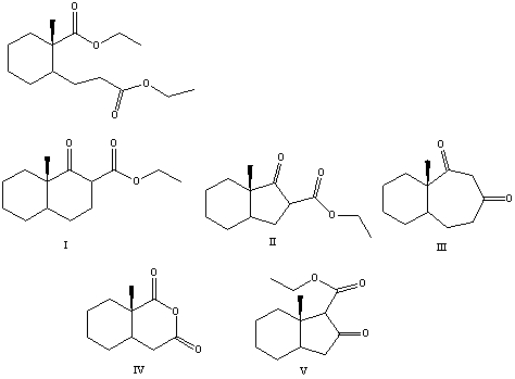<strong>What is the product of the Dieckmann condensation of this diester, </strong> A)I B)II C)III D)IV E)V