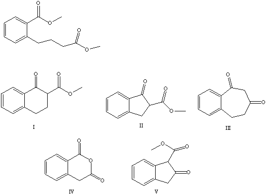 <strong>What is the product of the Dieckmann condensation of this diester, </strong> A)I B)II C)III D)IV E)V