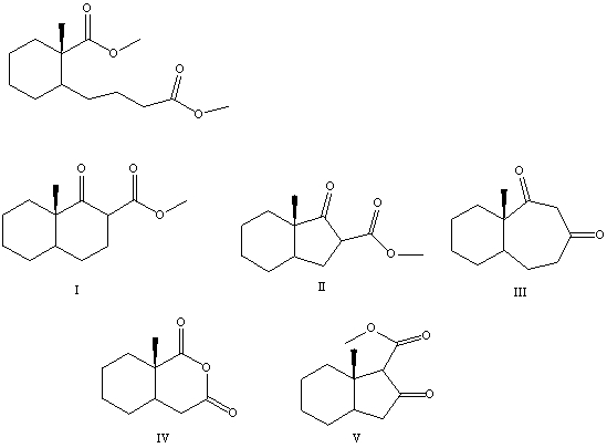 <strong>What is the product of the Dieckmann condensation of this diester, </strong> A)I B)II C)III D)IV E)V