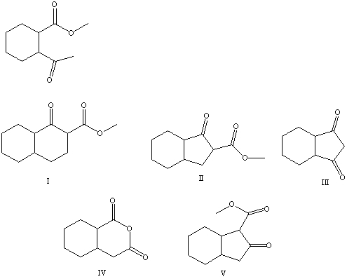 <strong>What is the product of the Dieckmann-like condensation of this ketoester, </strong> A)I B)II C)III D)IV E)V
