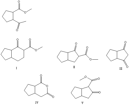 <strong>What is the product of the Dieckmann-like condensation of this ketoester, </strong> A)I B)II C)III D)IV E)V