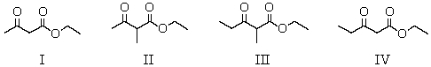 <strong>What product(s)result from the Claisen condensation carried out with an equimolar mixture of ethyl acetate and ethyl propanoate? </strong> A)I B)II C)III D)IV E)All of these choices.