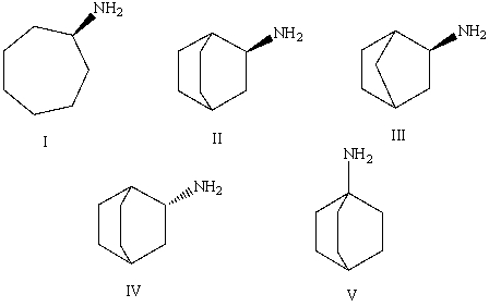 <strong>The correct structure of (S)-bicyclo[2.2.1]heptan-2-amine is?  </strong> A)I B)II C)III D)IV E)V <div style=padding-top: 35px> 