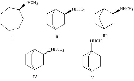 <strong>The correct structure of (S)-N-methylbicyclo[2.2.1]heptan-2-amine is?  </strong> A)I B)II C)III D)IV E)V <div style=padding-top: 35px> 