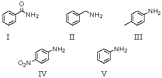 <strong>Which of the following bases has a conjugate acid with the smallest pK<sub>a</sub>? </strong> A)I B)II C)III D)IV E)V