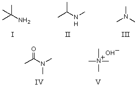 <strong>Which of the following compounds would be the strongest base? </strong> A)I B)II C)III D)IV E)V
