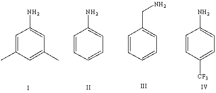 <strong>Arrange the following amines in order of increasing basicity (least to most)in aqueous solution: </strong> A)IV < II < I < III B)III < II < IV < I C)III < I < II < IV D)II < III < I < IV E)Cannot be determined from information given