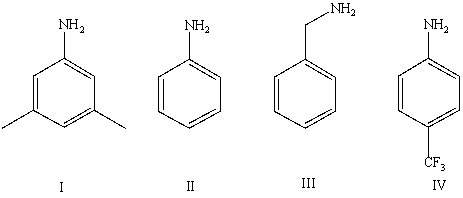 <strong>Arrange the following amines in order of decreasing basicity (most to least)in aqueous solution: </strong> A)IV > II > I > III B)III > II > IV > I C)III > I > II > IV D)II > III > I > IV E)Cannot be determined from information given