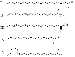 <strong>Which fatty acid is likely to occur commonly in natural sources? </strong> A)II B)I and IV C)II and III D)II,III and IV E)V