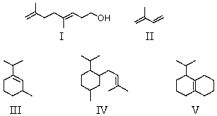 <strong>Which compound is a sesquiterpene? </strong> A)I B)II C)III D)IV E)V