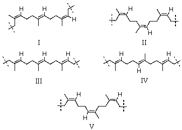 <strong>Which is the proper representation of three successive isoprene units in natural rubber? </strong> A)I B)II C)III D)IV E)V