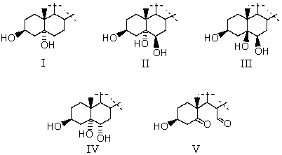 <strong>The reaction of cholesterol with dilute aqueous KMnO<sub>4</sub> at 0-5 °C produces which of these compounds (A and B rings only shown)? </strong> A)I B)II C)III D)IV E)V