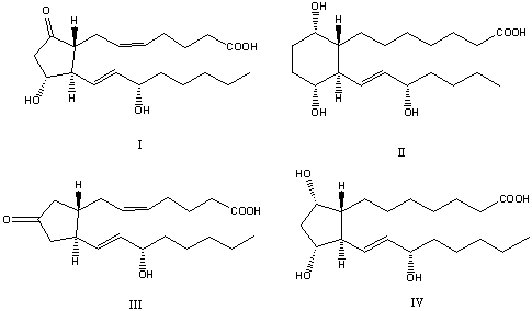 <strong>What of the following is a (are)correct structure(s)for prostaglandin(s)? </strong> A)I and II B)I,III and IV C)III D)II E)I and IV