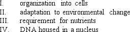 <strong>Which of the following characteristics are shared by all living organisms? </strong> A) I and II B) I and III C) II and III D) I, II, and III E) I, II, III, and IV
