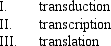 <strong>Which of the following processes is (are)part of gene expression? </strong> A) I and II B) I and III C) II and III D) I, II, and III E) III only
