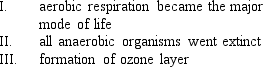 <strong>Increase in the population of photosynthetic bacteria using the oxygen-releasing pathway led to an increase in the oxygen levels in the seas and air.What was (were)the major consequence(s)of that change?  </strong> A) I only B) II only C) I and II D) I and III E) I, II, and III <div style=padding-top: 35px> 