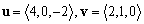 Two vectors u and v are given. Find the angle (expressed in degrees) between u and v.