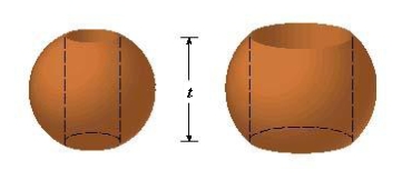 <strong>Suppose you make napkin rings by drilling holes with different diameters through two wooden balls (which also have different diameters). You discover that both napkin rings have the same height h as shown in the figure. Use cylindrical shells to compute the volume of a napkin ring created by drilling a hole with radius d through the center of a sphere of radius D and express the answer in terms of . </strong> A) B) C) D) E)