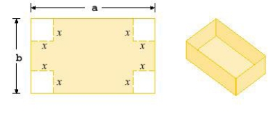 A box with an open top is to be constructed from a rectangular piece of card board with dimensions in. by in. by cutting out equal squares of side x at each corner and then folding up the sides as in the figure. Express the volume V of the box as a function of x.