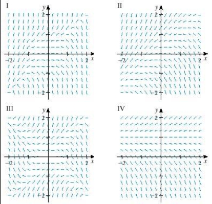 Select a direction field for the differential equation from a set of direction fields labeled I-IV.