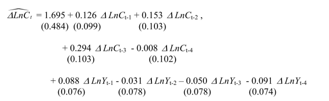 Having learned in macroeconomics that consumption depends on disposable income, you want to determine whether or not disposable income helps predict future consumption. You collect data for the sample period 1962:I to 1995:IV and plot the two variables. (a)To determine whether or not past values of personal disposable income growth rates help to predict consumption growth rates, you estimate the following relationship. The Granger causality test for the exclusion on all four lags of the GDP growth rate is 0.98.Find the critical value for the 1%, the 5%, and the 10% level from the relevant table and make a decision on whether or not these additional variables Granger cause the change in the growth rate of consumption.