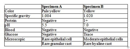 <strong>A patient has the following readings on two different urine specimens:??Which of the following statements best describes these results? </strong> A) The protein and glucose in Specimen B are falsely elevated because of the specific gravity. B) The results of Specimen A are falsely decreased because of the specific gravity. C) The microscopic findings in Specimen A are decreased because of the pH. D) The microscopic findings in Specimen B are increased because of the glucose.
