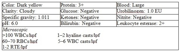 <strong>A 40-year-old female tennis player with tendonitis is taking large doses of an over-the-counter nonsteroidal anti-inflammatory agent.After taking the medication for several weeks,she develops a skin rash and observes a decrease in urine volume.Results of her urinalysis are: What additional test might be requested on this specimen?</strong> A) Creatinine clearance B) Prussian blue stain C) Urine eosinophil stain D) Fungal culture