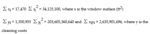 A property manager wants to estimate the annual costs of window cleaning for a newly acquired office building. She collected the following information related to costs of the 10 properties she currently manages: Determine a CER equation for the cleaning costs and the correlation coefficient.