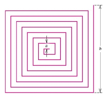 <strong>Find the total length of the red-line curve in the figure if the width of the maze formed by the curve is 48 inches and all halls in the maze have width 3 inches. in. and in.</strong> A) 825 inches B) 816 inches C) 810 inches D) 822 inches E) 918 inches