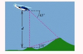  A helicopter hovers at an altitude that is  d = 979  feet above a mountain peak of altitude 5,184 feet, as shown in the figure. A second, taller peak is viewed from both the mountaintop and the helicopter. From the helicopter, the angle of depression is  43 ^ { \circ }  , and from the mountaintop, the angle of elevation is  18 ^ { \circ }  .   Approximate the altitude of the taller peak. 