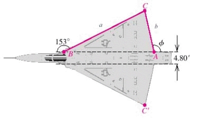  Shown in the figure is a plan for the top of a wing of a jet fighter, where  a = 22.3  feet and  b = 18.9  feet.   Approximate angle  \varphi  . 