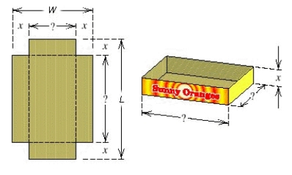 <strong>From a rectangular piece of cardboard having dimensions W = 18 and L = 40 an open box is to be made by cutting out identical squares of area x<sup> 2 </sup> from each corner and turning up the sides (see Illustration). Find all positive values of x such that the volume of the box V ( x ) > 0. Include only allowable values of x in your answer.  </strong> A)   B)   C)   D)   E)   <div style=padding-top: 35px> 