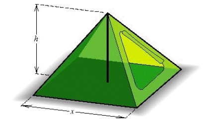 <strong>A canvas camping tent is to be constructed in the shape of a pyramid with a square base. An 8-foot pole will form the center support, as illustrated in the figure. Find the length x of a side of the base so that the total amount of canvas needed for the sides and bottom is 384 ft<sup> 2 </sup>.  </strong> A) 13 ft B) 10 ft C) 12 ft D) 11 ft E) 14 ft <div style=padding-top: 35px> 