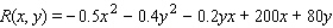 The total weekly revenue (in dollars) of Country Workshop associated with manufacturing and selling their rolltop desks is given by the function where x denotes the number of finished units and y denotes the number of unfinished units manufactured and sold each week. Compute and when x = 200 and y = 180. Interpret your results.