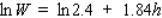 For children between the ages of 5 and 13 years old, the Ehrenberg equation gives the relationship between the weight W (in kilograms) and the height h (in meters) of a child. Use differentials to estimate the change in the weight of a child who grows from 0.8 m to 1 m. Round the answer to the nearest tenth. __________ kg