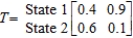 <strong>The transition matrix for a Markov process is given by State 1 2 Given that the outcome state 2 has occurred, what is the probability that the next outcome of the experiment will be state 1?</strong> A) 0.1 B) 0.4 C) 0.9 D) 0.6