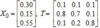 <strong>Find (the probability distribution of the system after two observations) for the given distribution vector and the given transition matrix . </strong> A) B) C) D)