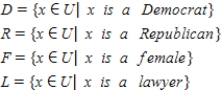 <strong>Let U denote the set of all senators in Congress. Let Write the set that represents the following statement: The set of all Republicans who are female and are lawyers. </strong> A) B) C) D)