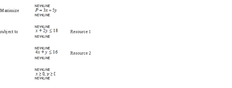Use the method of corners to solve the problem. Find the range of values that the coefficient of x can assume without changing the optimal solution. Find the range of values that resource 1 can assume. Find the shadow price for resource 1. Identify the binding and nonbinding constraints.