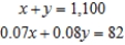 <strong>Formulate but do not solve the problem. Michael Perez has a total of $1,100 on deposit with two savings institutions. One pays interest at the rate of 7%/year, whereas the other pays interest at the rate of 8%/year. If Michael earned a total of $82 in interest during a single year, how much does he have on deposit in each institution? Let x be the amount of money in saving institution with interest at the rate of 7%/year.</strong> A) B) C) D)