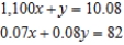 <strong>Formulate but do not solve the problem. Michael Perez has a total of $1,100 on deposit with two savings institutions. One pays interest at the rate of 7%/year, whereas the other pays interest at the rate of 8%/year. If Michael earned a total of $82 in interest during a single year, how much does he have on deposit in each institution? Let x be the amount of money in saving institution with interest at the rate of 7%/year.</strong> A) B) C) D)