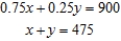 <strong>Formulate but do not solve the problem. The total number of passengers riding a certain city bus during the morning shift is 900. If the child's fare is $0.25, the adult fare is $0.75, and the total revenue from the fares in the morning shift is $475, how many children and how many adults rode the bus during the morning shift? Let x be the number of children.</strong> A) B) C) D)