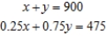 <strong>Formulate but do not solve the problem. The total number of passengers riding a certain city bus during the morning shift is 900. If the child's fare is $0.25, the adult fare is $0.75, and the total revenue from the fares in the morning shift is $475, how many children and how many adults rode the bus during the morning shift? Let x be the number of children.</strong> A) B) C) D)