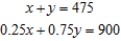 <strong>Formulate but do not solve the problem. The total number of passengers riding a certain city bus during the morning shift is 900. If the child's fare is $0.25, the adult fare is $0.75, and the total revenue from the fares in the morning shift is $475, how many children and how many adults rode the bus during the morning shift? Let x be the number of children.</strong> A) B) C) D)