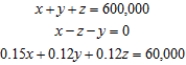 <strong>Formulate but do not solve the problem. A private investment club has $600,000 earmarked for investment in stocks. To arrive at an acceptable overall level of risk, the stocks that management is considering have been classified into three categories: high-risk, medium-risk, and low risk. Management estimates that high-risk stocks will have a rate of return of 15%/year; medium-risk stocks, 12%/year; and low risk stocks, 5%/year. The members have decides that the investment in medium-risk stocks should be equal to the sum of the investments in the stocks of the other two categories. Determine how much the club should invest in each type of stock if the investment goal is to have a return of $60,000/year on the total investment. (Assume that all the money available for investment is invested). Let x be the amount of money invested in high-risk stocks, y be the amount of money invested in medium-risk stocks, and z be the amount of money invested in low-risk stocks. </strong> A) B) C) D) E)
