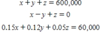 <strong>Formulate but do not solve the problem. A private investment club has $600,000 earmarked for investment in stocks. To arrive at an acceptable overall level of risk, the stocks that management is considering have been classified into three categories: high-risk, medium-risk, and low risk. Management estimates that high-risk stocks will have a rate of return of 15%/year; medium-risk stocks, 12%/year; and low risk stocks, 5%/year. The members have decides that the investment in medium-risk stocks should be equal to the sum of the investments in the stocks of the other two categories. Determine how much the club should invest in each type of stock if the investment goal is to have a return of $60,000/year on the total investment. (Assume that all the money available for investment is invested). Let x be the amount of money invested in high-risk stocks, y be the amount of money invested in medium-risk stocks, and z be the amount of money invested in low-risk stocks. </strong> A) B) C) D) E)
