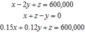 <strong>Formulate but do not solve the problem. A private investment club has $600,000 earmarked for investment in stocks. To arrive at an acceptable overall level of risk, the stocks that management is considering have been classified into three categories: high-risk, medium-risk, and low risk. Management estimates that high-risk stocks will have a rate of return of 15%/year; medium-risk stocks, 12%/year; and low risk stocks, 5%/year. The members have decides that the investment in medium-risk stocks should be equal to the sum of the investments in the stocks of the other two categories. Determine how much the club should invest in each type of stock if the investment goal is to have a return of $60,000/year on the total investment. (Assume that all the money available for investment is invested). Let x be the amount of money invested in high-risk stocks, y be the amount of money invested in medium-risk stocks, and z be the amount of money invested in low-risk stocks. </strong> A) B) C) D) E)