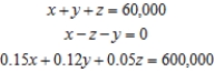 <strong>Formulate but do not solve the problem. A private investment club has $600,000 earmarked for investment in stocks. To arrive at an acceptable overall level of risk, the stocks that management is considering have been classified into three categories: high-risk, medium-risk, and low risk. Management estimates that high-risk stocks will have a rate of return of 15%/year; medium-risk stocks, 12%/year; and low risk stocks, 5%/year. The members have decides that the investment in medium-risk stocks should be equal to the sum of the investments in the stocks of the other two categories. Determine how much the club should invest in each type of stock if the investment goal is to have a return of $60,000/year on the total investment. (Assume that all the money available for investment is invested). Let x be the amount of money invested in high-risk stocks, y be the amount of money invested in medium-risk stocks, and z be the amount of money invested in low-risk stocks. </strong> A) B) C) D) E)